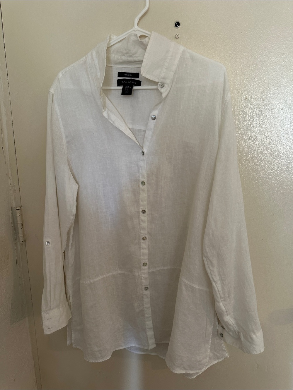 Tahari White 100% Linen Button-Down Shirt Collared Long Sleeve Women's XL